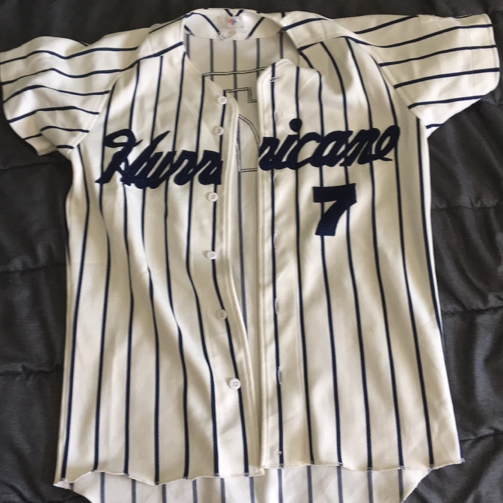 White and blue striped baseball jersey